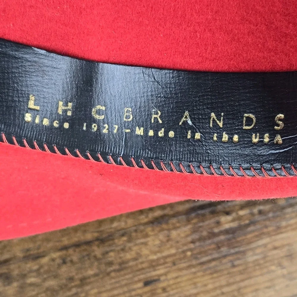 Vintage LHC Brands Red Wool Fedora Hat Medium USA Made w/ Butterfly‎ Accent